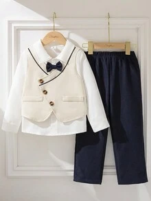 SHEIN 3pcs Young Boy Vintage Gentleman Vest Set With White Long Sleeve Shirt And Pants Boy Formal Set Little Boy Suit Set Boys Elegant Outfit Fall Winter - Multicolor - View 7