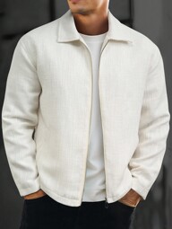 Manfinity Homme Herren einfarbiger Langarm Reißverschluss Lässig Mantel, weißer leichter Frühlings-Lässig-Mantel, Old Money, für Herbst und Winter