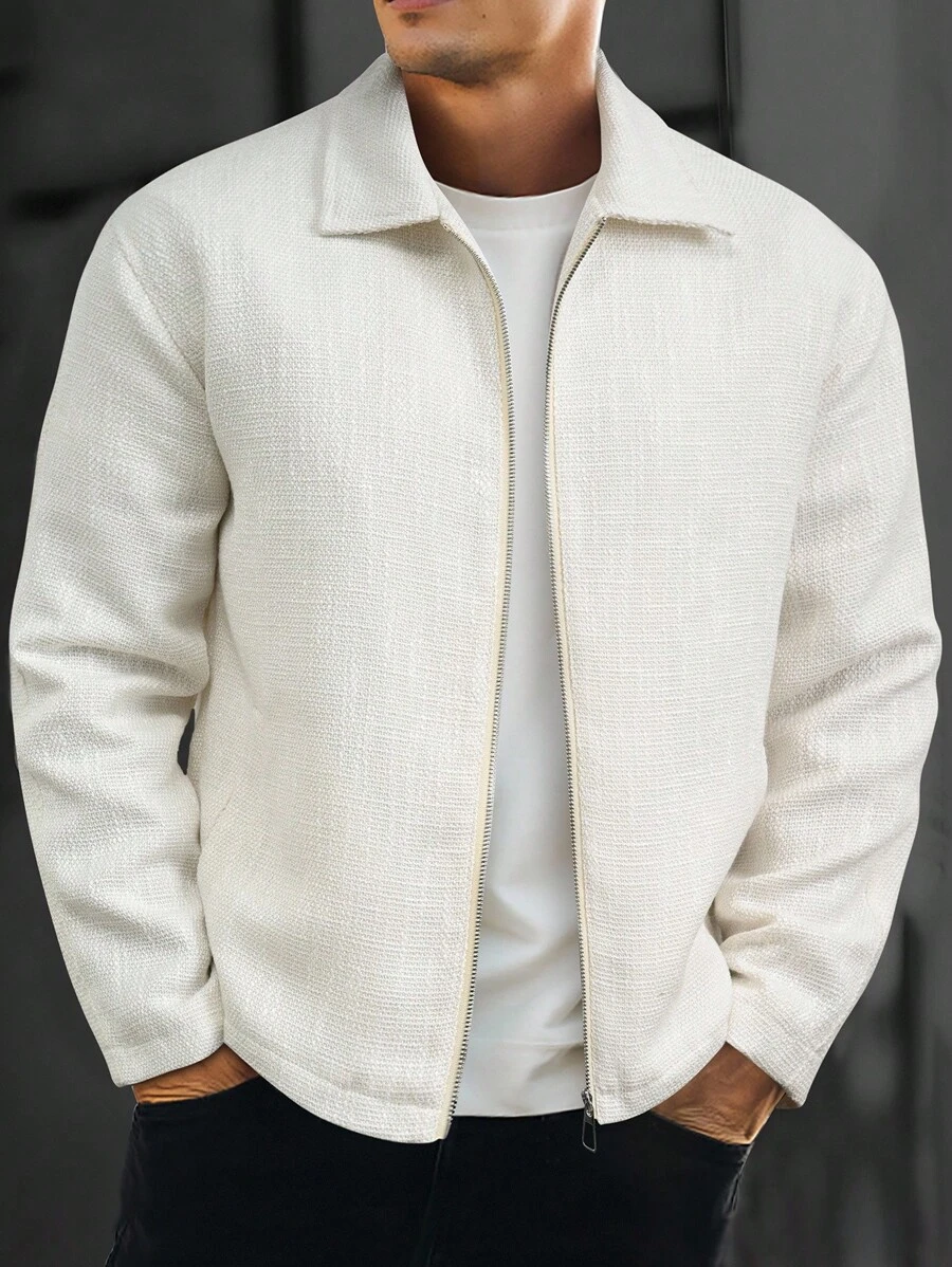 Manfinity Homme Herren einfarbiger Langarm Reißverschluss Lässig Mantel, weißer leichter Frühlings-Lässig-Mantel, Old Money, für Herbst und Winter