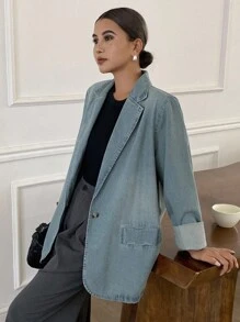 Livesso 女士宽松休闲复古牛仔夹克，秋季女装 - 藍色 - 查看 7