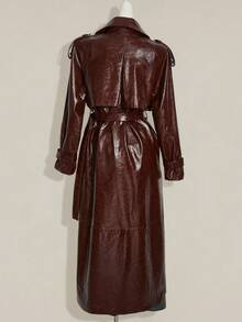 SHEIN ICON 女式纯色长袖 PU 皮夹克 - 酒紅色 - 查看 2