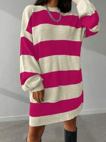 Cloudara Two Tone Drop Shoulder Sweater Dress - Pink - View 3