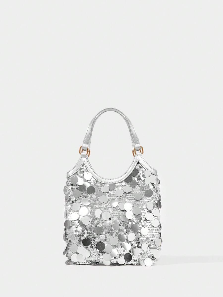 SHECARRY Bolso de mano con decoración de lentejuelas, simple y práctico para mujeres - Plateado - Ver 1