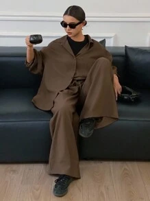 Livesso Toamna/Iarna Nou Lejer Casual Culoare Solidă Slouchy Femei Set 2 Piese Seturi de Lejerie Pentru Femei - cafea maro - Vizualizare 6