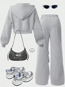 Girlism Teen Girls Casual Knit Hooded Sweatshirt & Sweatshirt Co-Ord Set/Autumn/Winter/Halloween,Glowmode,Fall,Halloween/Autumn/Christmas/Holiday/Festival/Winter - Grey - View 2