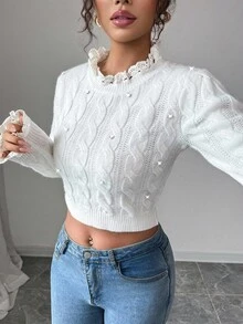 Elenzga Suéter corto ajustado, elegante y femenino con cuello redondo, parches de encaje, mangas largas, parches de encaje y adornos de rhinestone para mujer, nuevo para otoño/invierno - Blanco - Ver 3
