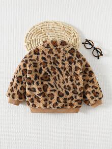 Cozy Pixies Baby Girl Leopard Print Thermal Lined Stand Collar Half-Zip Pullover Sweatshirt Leopard Print Baby Clothes Baby Girl Leopard Jacket Fall Winter - Brown - View 2