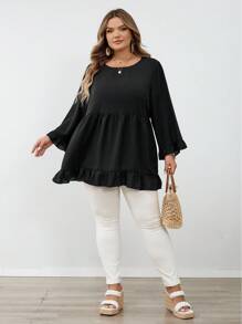 SHEIN CURVE+ 加大码纯色荷叶边下摆套头衫，适合女士休闲外出秋季服装、冬季服装、CURVE PLUS - 黑色 - 查看 6