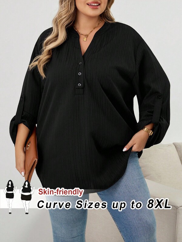 SHEIN CURVE+ Plus Size Textured Black Blouse: Button-Front, Roll-Tab Sleeve, Casual Top,Teacher Shirtsfall Clothes For Women,Winter,CURVE PLUS