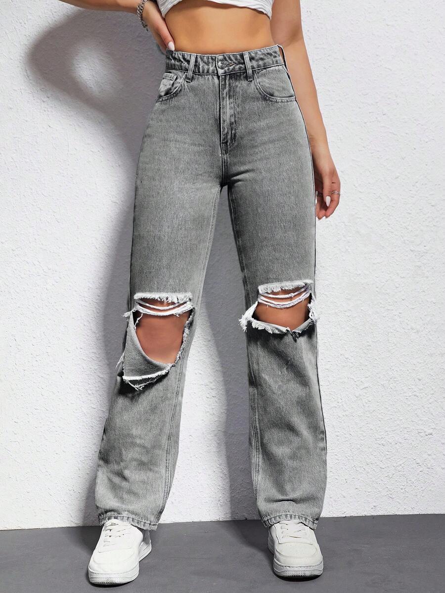EURMUSE Blugi denim versatili, stil vară, stil distressed, cu talie medie pentru femei - Gri - Vizualizare 1
