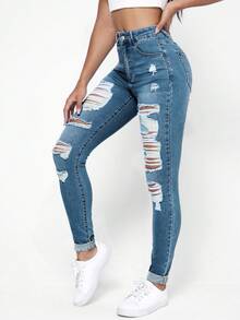 EURMUSE Women's Light Color Distressed Fashion Denim Jeans - Light Wash - View 5