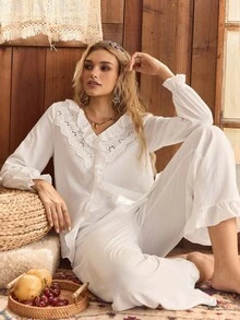 Lullawish Ensemble de pyjama femme avec Top à manches longues et pantalon avec volants, vêtements d'automne