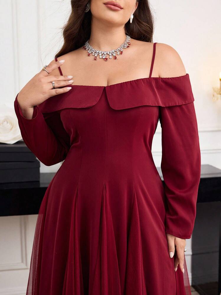 Modelyn Plus Size Elegant Solid Color Off-Shoulder Spaghetti Strap Mesh Patchwork Dress - Burgundy - View 3