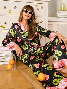 Chillnights Kontrastreiche Satin Damen Pyjama Set, Herbstkleidung