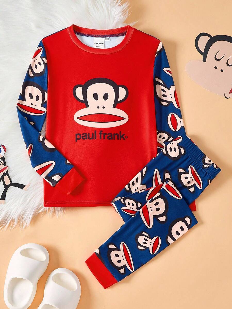 Paul Frank X SHEIN 2pcs Tween Boy Cartoon Pattern Crew Neck Long Sleeve Top And Pants Comfortable Casual Pajama Set - Navy Blue - View 1