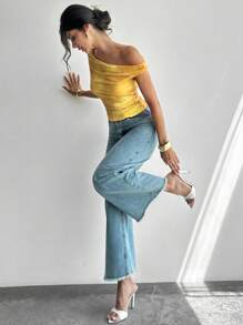 Firerie Women's Asymmetrical Neck Ombre Print Ruched T-Shirt, Asymmetric Shoulder Yellow Top, Suitable For Spring/Summer, Beach, Commute, Elegant, Sexy, Vacation, Bohemian, Hawaii, Music Festival, Romantic, Date - Yellow - View 8