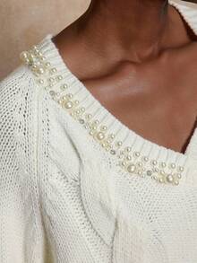 SHEIN Privé VITNOS Women's Elegant Beaded Faux Pearl Decor Pullover Cable Knit Sweater,Off-White Autumn Tea Party Holiday Vacation Chic Luxury French Elegance - Apricot - View 4