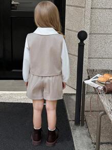 SHEIN Elladie kids 3件套女童长袖翻领休闲衬衫、精致珍珠纽扣背心外套、短裤套装，现代风格儿童服装，春秋冬装 - 卡其色 - 查看 2