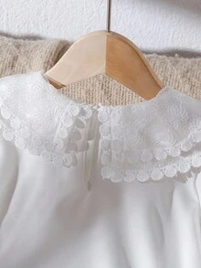 女孩优雅蕾丝边刺绣双层彼得潘领长袖休闲公主衬衫，适合度假、旅行、派对、生日礼物，春秋季 - 白色 - 查看 4