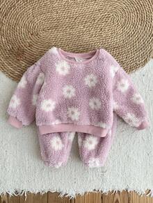 LMoss Kids LMoss Kinder 2 Stücke Set aus Strickpullover und Leggings für Babys mit Blumenmuster und Rundhalsausschnitt, Fleece-Set für Babys und Kleinkinder, Winterkleidung für Babys und Kleinkinder, Sherpa-Set mit Blumenmuster, zweiteiliges Set für Babys und Kleinkinder, warmes Set