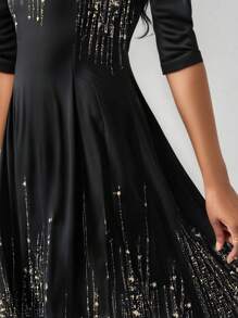 SHEIN Lady 女式闪亮印花圆领七分袖优雅中长连衣裙