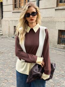 Elyressa Women's Contrast Color Lapel Drop Shoulder Long Sleeve Loose Casual T-Shirt - Khaki - View 6