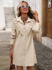 Brillora Apricot Autumn Casual Occasion Women's Dresses,Shirt Collar Lace Edged Texture Fabric Vacation Holiday Date Attire,Old Money Style Office Wear Dress - Multicolor - View 6