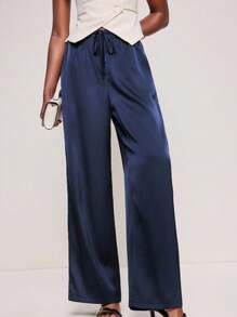 BizChic 2025 秋冬海军蓝色女式松紧腰可调节抽绳裤，缎面纹理，百搭，适合商务、休闲、办公室、约会、派对、机场、浪漫、乡村音乐节、复古、韩国、机场、婚礼嘉宾、生日、万圣节、圣诞节 - 藍色 - 查看 5