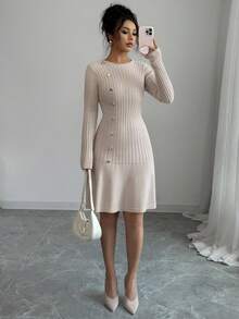 Elenzga Women's Solid Color Round Neck Long Sleeve Button Design Knitted Dress Fall Winter Cloth For Women - Maroon - View 6