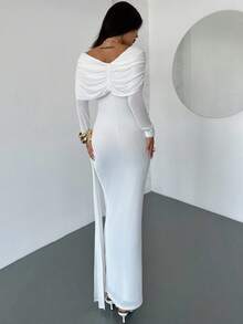 Firerie 女士休闲优雅金属装饰白色长袖连衣裙/派对礼服/新年礼服/优雅派对礼服/闪亮派对魅力礼服/约会礼服/缪斯礼服/女士秋季连衣裙/新年服装/婚礼宾客礼服/舞会礼服/女士奢华晚礼服 - 白色 - 查看 3