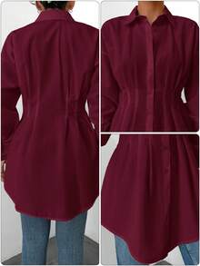 EURMUSE Cotton Drop Shoulder Fold Pleated Curved Hem Shirt - Burgundy - View 6