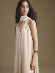 Ontre Vestido elegante y suelto de unicolor con cuello en V y sin mangas para mujer - Albaricoque - Ver 5