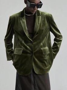 Ontre Giacca primaverile/estiva 2026, giacca da festa e San Valentino, blazer da donna, stile urbano moderno, colore verde tinta unita, tessuto in velluto morbido e confortevole, linea H morbida, blazer in velluto regular da donna, bavero a tacca, casual e da lavoro, con tasche, abbigliamento primavera/estate, abbigliamento da ufficio e professionale da donna, abbigliamento da palcoscenico, outerwear, urban chic elegante minimalista, blazer versatile e alla moda da donna - Verde - Visualizzare 6