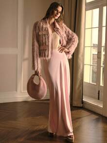 MOTF PREMIUM Áo khoác lông thú giả Tweed - Hồng - Xem 5