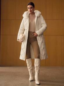 MOTF PREMIUM ÁO KHOÁC MÙA ĐÔNG CÓ MŨ LÔNG GIẢ TƯƠNG PHẢN - Màu be - Xem 5