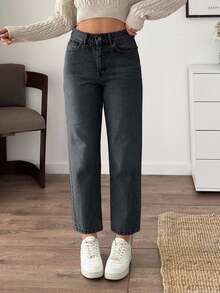 EURMUSE High Waist Slant Pocket Casual Mom Fit Jeans - Dark Grey - View 1