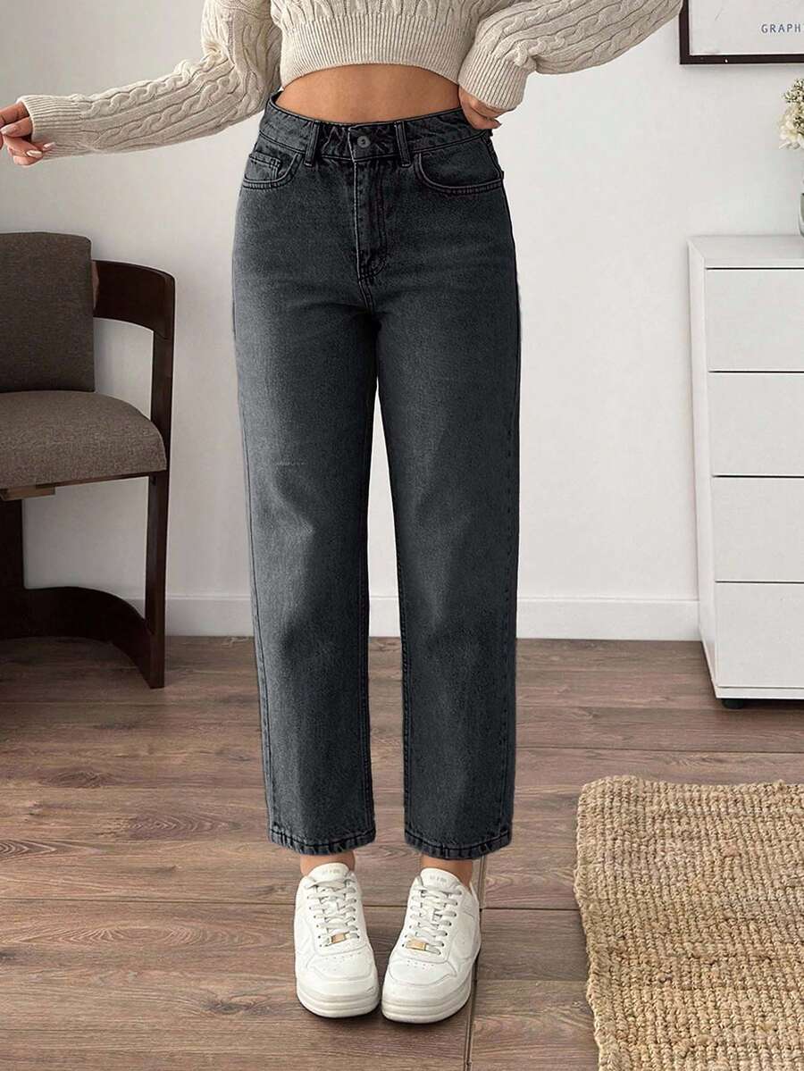 EURMUSE High Waist Slant Pocket Casual Mom Fit Jeans - Dark Grey - View 1