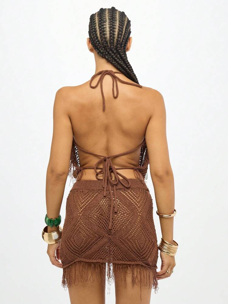 SUMWON WOMEN Crochet Knit Mini Skirt With Shell Details And Fringe