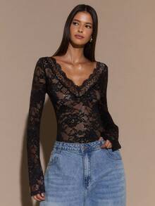 SHEIN BAE Women's Solid Black Long Sleeve Top, Sexy Deep V-Neck Lace Flare Sleeve Sheer Minimalist Elegant Romantic Blouse, Suitable For Layering, Romantic Dates, Parties In Autumn/Winter - Black - View 1