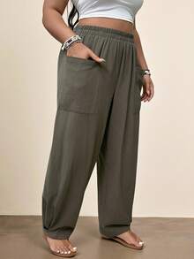 Freevana Plus Size Vacation Style Casual Jogger Pants With Pockets - Army Green - View 5