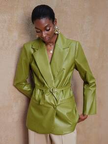SHEIN Privé VITNOS 新款秋冬高端女士休闲日常通勤女士纯色 PU 皮革翻领长袖时尚西装外套绿色西装外套女士女士仿皮西装外套绿色仿皮西装外套女士西装外套配腰带女士西装外套 - 薄荷綠 - 查看 9