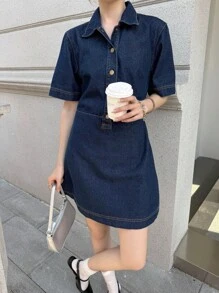 K-Vae 女式秋季深牛仔蓝底原创牛仔短裙，纽扣半襟休闲衬衫牛仔裙，女式秋季服装，返校节服装，外出服装，老款服装 - 中等水洗藍 - 查看 1