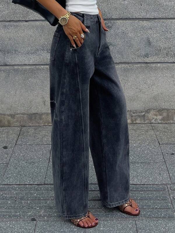 DAZY Loose Fit Vintage Washed Wide Leg Casual Jeans, American Workwear Style