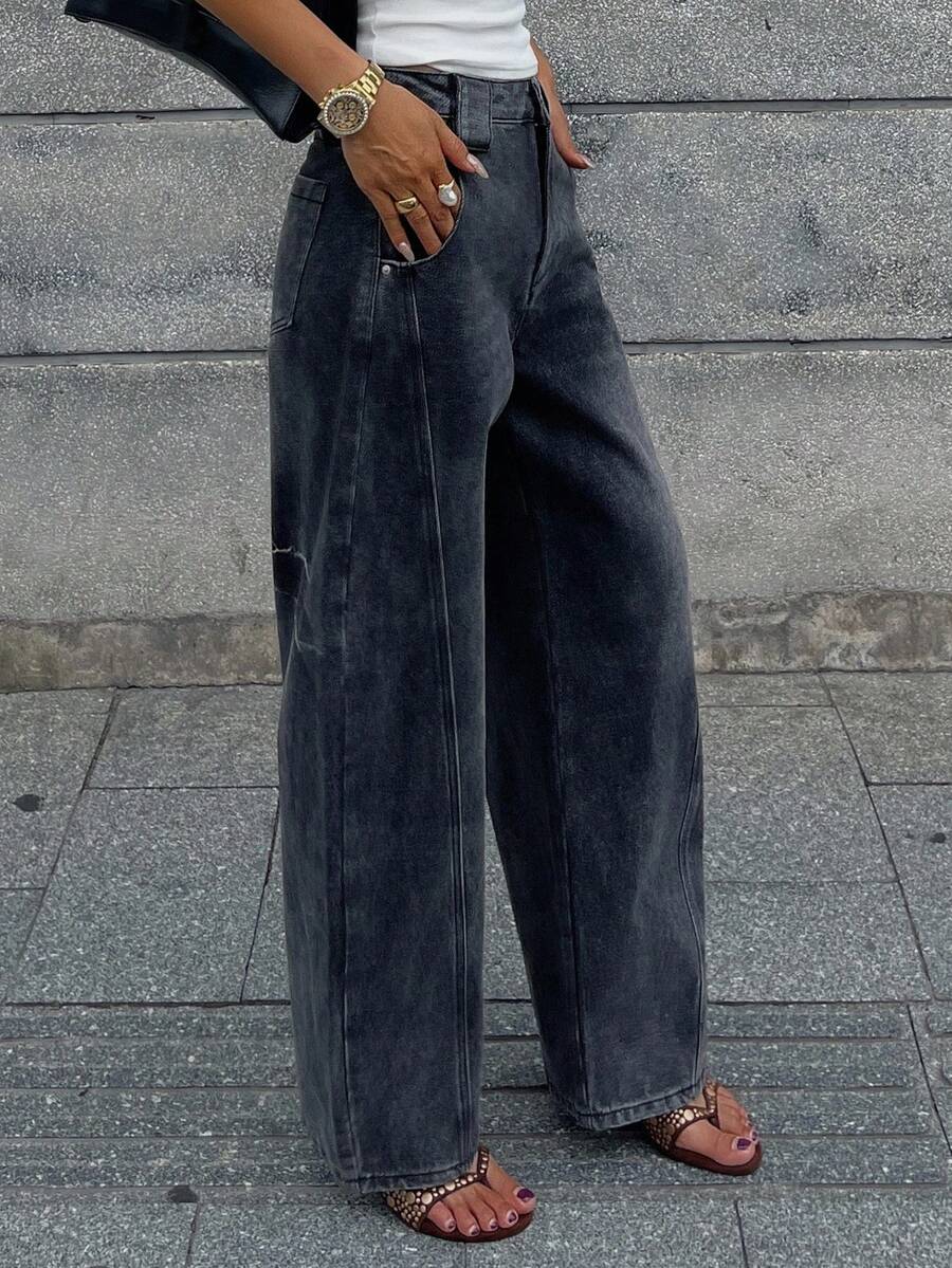 DAZY 宽松复古水洗阔腿休闲牛仔裤，美式工装风格 - 灰色 - 查看 1