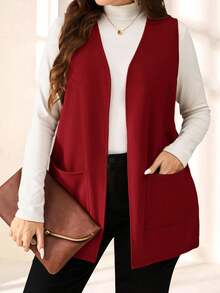 EMERY ROSE Plus Size Solid Color Sleeveless Loose Pocket Simple Casual Coat,Spring/Summer,Vacation / Vacation Autumn Winter - Red - View 5