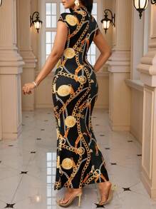 SHEIN Lady 女士优雅链条印花鱼尾下摆连衣裙 - 黑色 - 查看 2