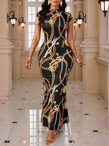 SHEIN Lady 女士优雅链条印花鱼尾下摆连衣裙 - 黑色 - 查看 5