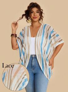 SHEIN VCAY Plus Size Women Striped Floral Print Jacket, Lace Striped Floral Print Batwing Sleeve Loose O-Type Cover Up Vacation Holiday Beach Summer City Break Boho Chic Travel Airport Going Out Country Old Money Vintage Women, Tulum, Teacher Back To School Fall Women Autumn - Multicolor - View 2