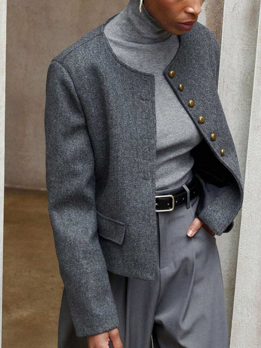 Aveloria Modichic Veste courte réversible en laine mélangée à col rond, manteau en laine de haute qualité