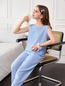 SHEIN 女童条纹印花雪纺吊带背心和裤子睡衣套装 - 彩色 - 查看 4